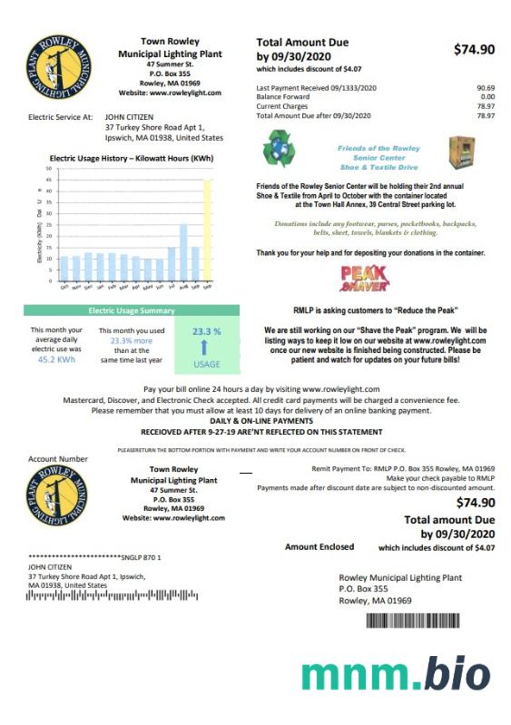 USA Massachusetts Miasto Rowley miejskie oświetlenie roślin energii elektrycznej rachunek szablon w formacie Word i PDF